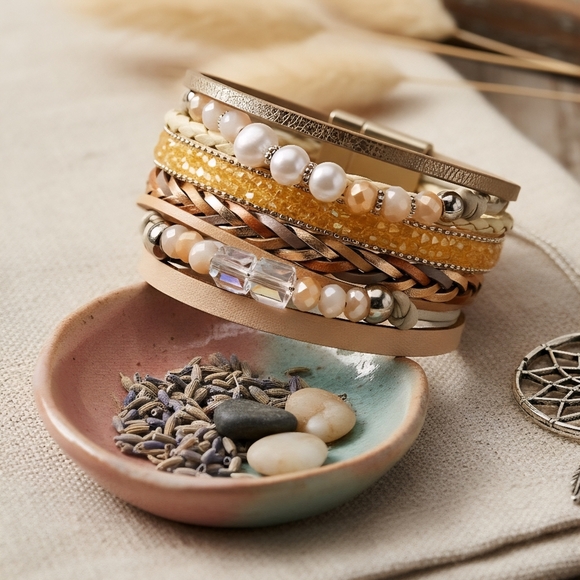 🆕Boho Chic Layered Vegan Leather Magnetic Trendy Bracelet with Faux Pearls - Picture 8 of 16